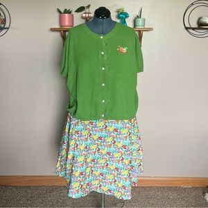 Unique Vintage Green Sweater w/ Jewel Buttons and Peach Embroidery